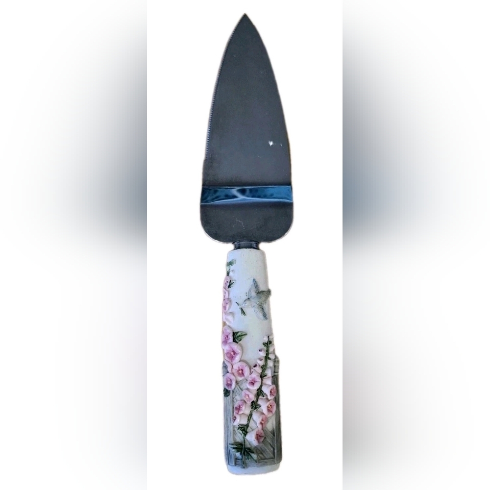 Unbranded Vintage Cake/Pie Server W/Ceramic Handle Hummingbird & Floral Design